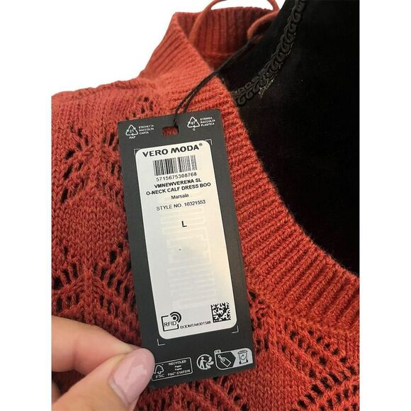 NWT VERO MODA BURNT ORANGE/RED SLEEVES CROCHET KNIT DRESS/COVER UP WOMENS SIZE L - Picture 8 of 8